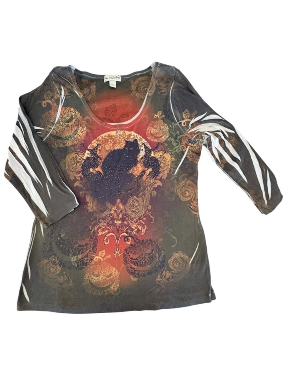 Y2k Halloween Black Cat Full Moon Witch Embellished Long Sleeve Top Size Large